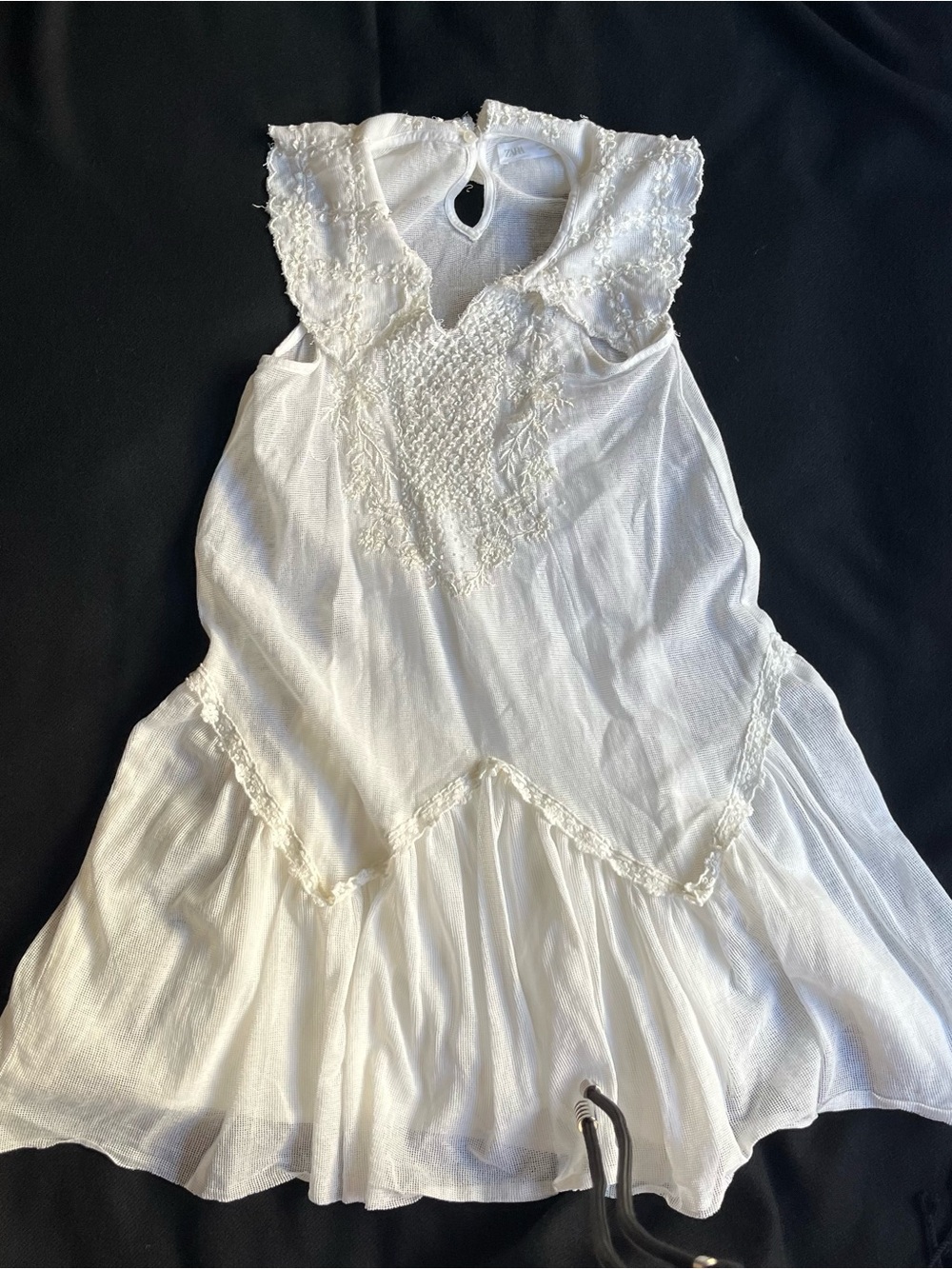 Zara White Embroidered Ruffle Sleeve Dress